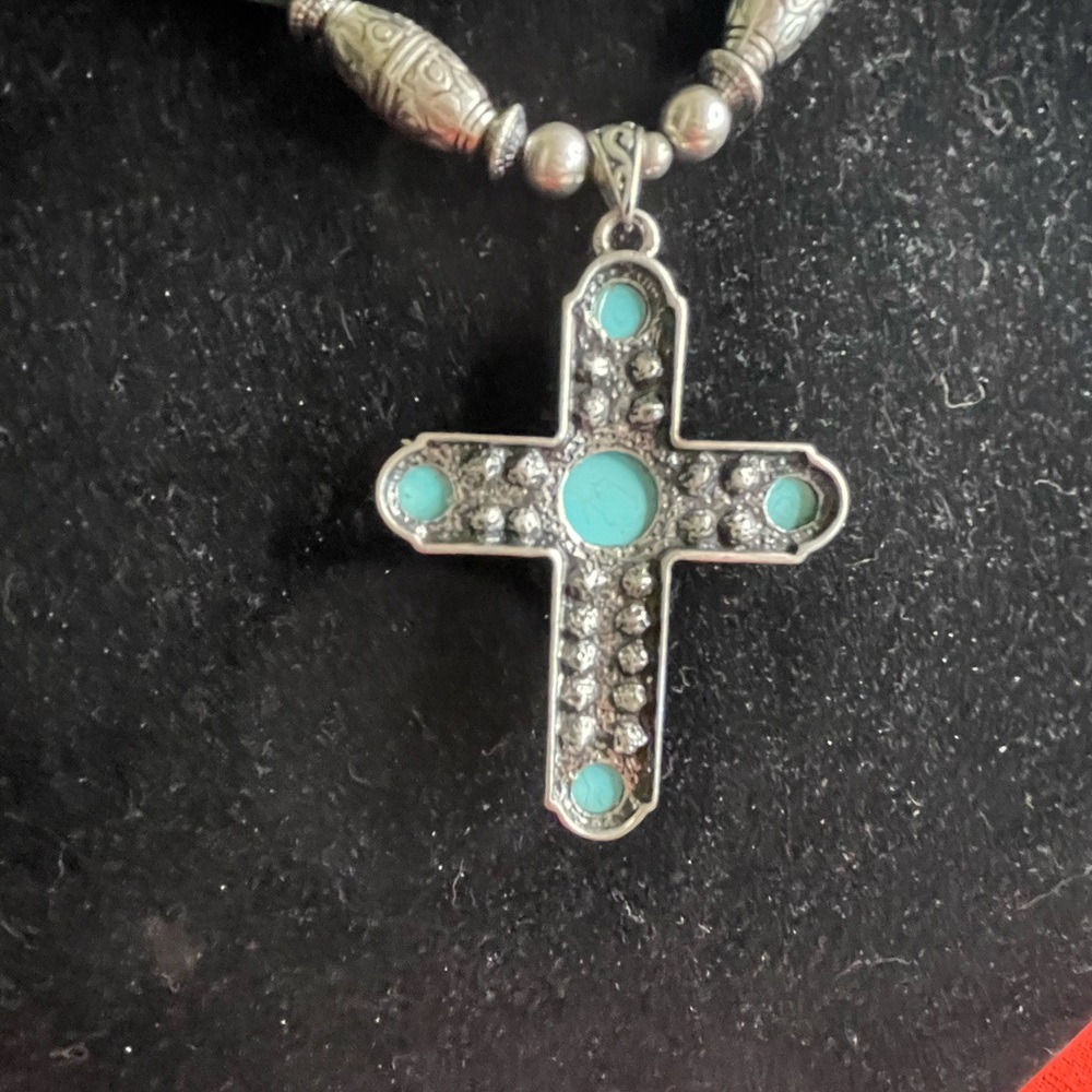 Dfl VIMCI Turquoise, Silver Tone, C.Z. Diamonds Cross Necklace, Earring Set - Picture 12 of 16